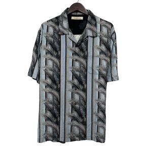 Tommy Bahama Men's XL Hawaiian S/S Shirt Striped Palm Trees Blue/Khaki/Black euc